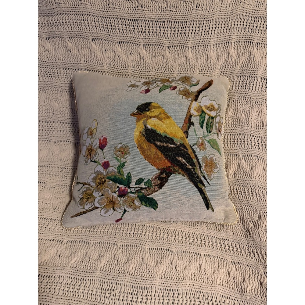 Vintage Style Woven Tapestry Goldfinch Bird Throw Pillow Gold Rope Trim Square